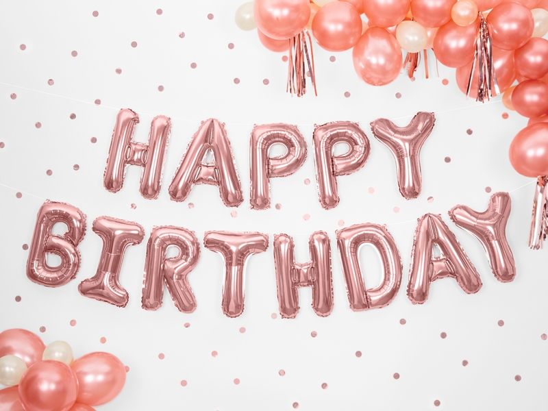 Scritta di palloncini Happy Birthday rosa gold